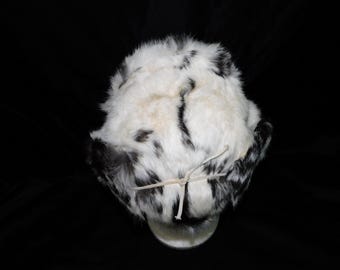 Vintage L XL 59 White Black Spot Rabbit Fur Trapper Hat