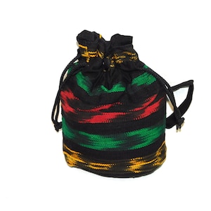 Vintage 90s Negro Rojo Verde Amarillo Rayas Algodón Bandolera Bolso Hippie Boho Guatemala Algodón Monedero Cordón Top
