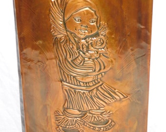 Vintage Alaska Eskimo Girl Holding Dolls On Copper Picture Metal Wall Hanging Kickbush Style Portrait