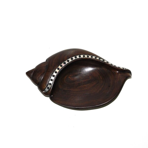 Vtg Wood Seashell Dish With Mother of Pearl Inlay Trinket Ring Jewelry Dish Holder Carved Wooden Shell