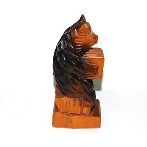 Sitting Bear Playing Accordion Wood Carving Vintage German Black Forest Carved Figurine 7&quot;