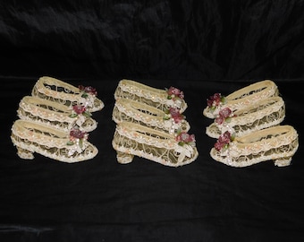 Lot Set 9 Vtg 80s Ivory Lace Shoe Ornaments Pink Beaded Rose Flowers Rhinestone Victorian Style Decor