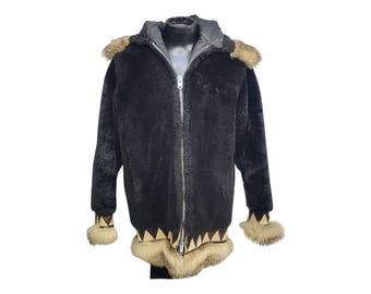 Vintage S Mens Alaska Inuit Parka WORN Black Mouton Lamb Coyote Fur Hood Hem Trim Geometric Cuffs Full Zip With WEAR Condition ISSUES