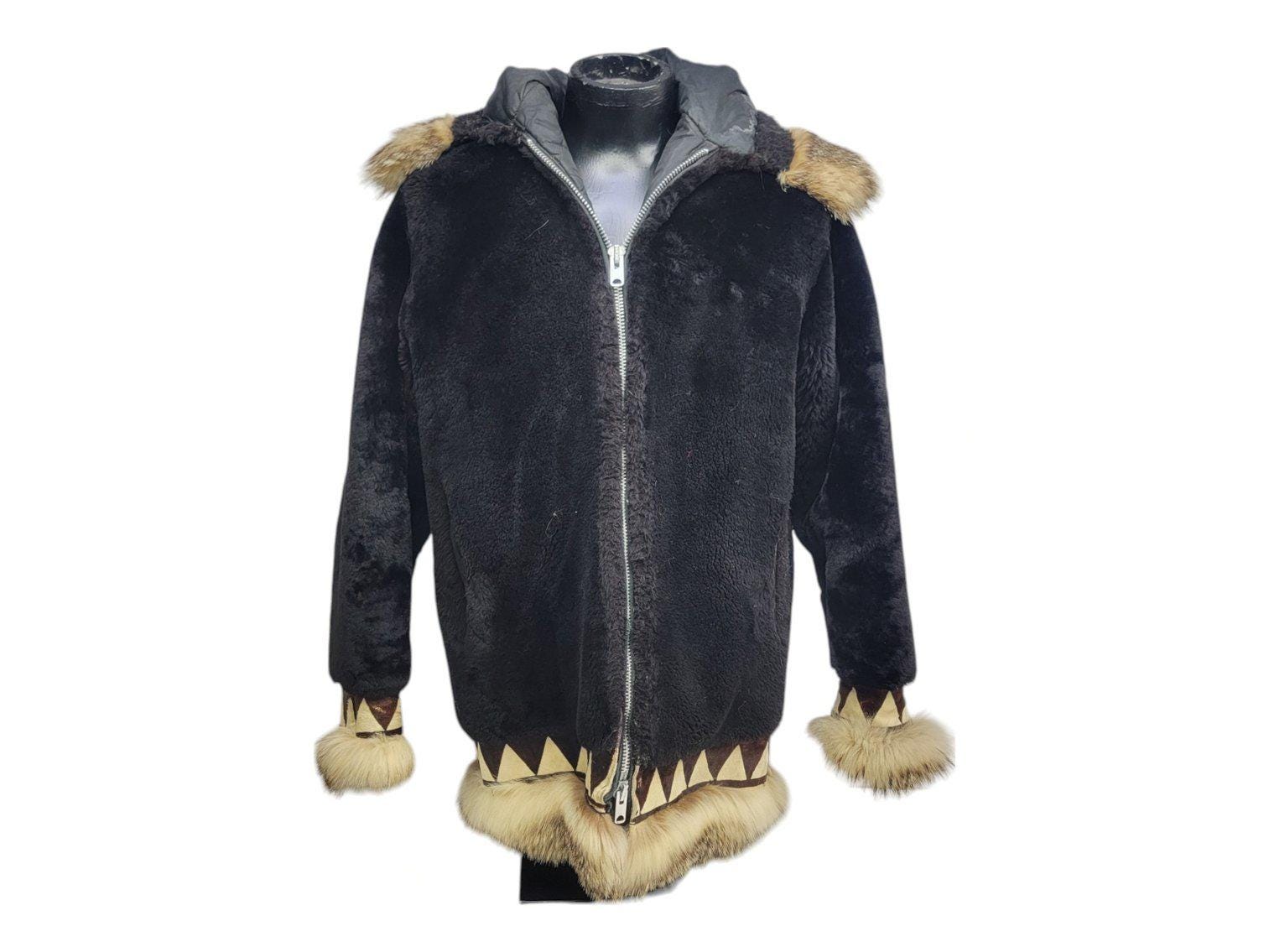 Vintage S Mens Alaska Inuit Parka WORN Black Mouton Lamb Coyote