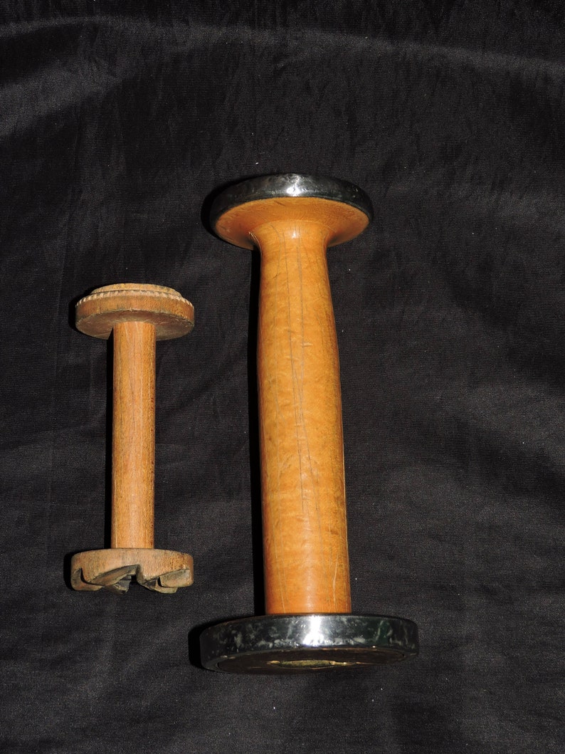 Antique Wooden Spools Lot 2 Industrial Weaving 7 in and 4 in Loom Thread Holder Home Craft Decor
