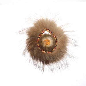 Alaska Native Eskimo Dance Fan Wall Hanging Coiled Woven Sea Grass Center Embroidered Face Real Fox Fur Trim