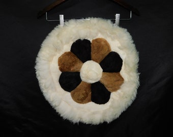 Alpaca Fur White Brown Black Flower Shearling Pillow Cover Round Sham 17" Dia Decor Peru Made