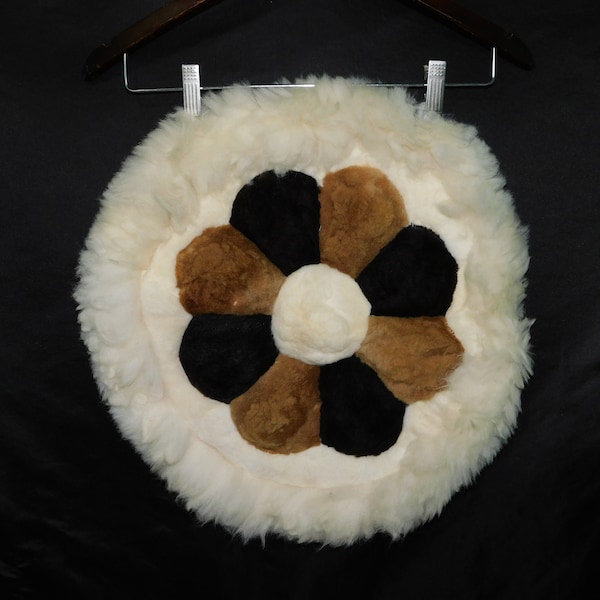 Alpaca Fur White Brown Black Flower Shearling Pillow Cover Round Sham 17" Dia Decor Peru Made