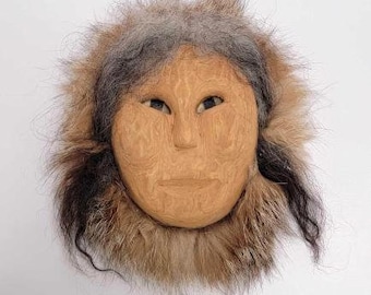 Alaska Native Eskimo Carved Wood Woman Mask Coyote Fur Trim Black Hair Suede Leather Back Wall Hanging Inuit