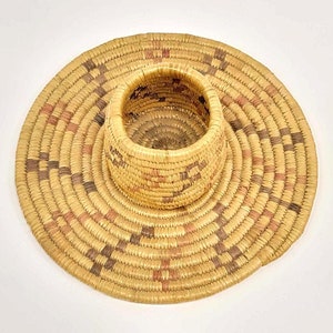 Alaska Native Yupik Eskimo Basket Drinking Cup Shape with Saucer Hand Woven From Sea Grass Brown Geometric Design Vintage