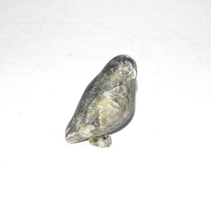May include: A small, hand-carved stone bird sculpture. The bird is grey and green with a mottled pattern. It is perched on a small base.