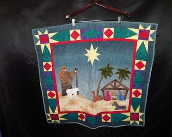 Nativity Christian Christmas Wall Quilt Hand Made Quilted Cotton Christian Religious Star Manger Camel Shephard