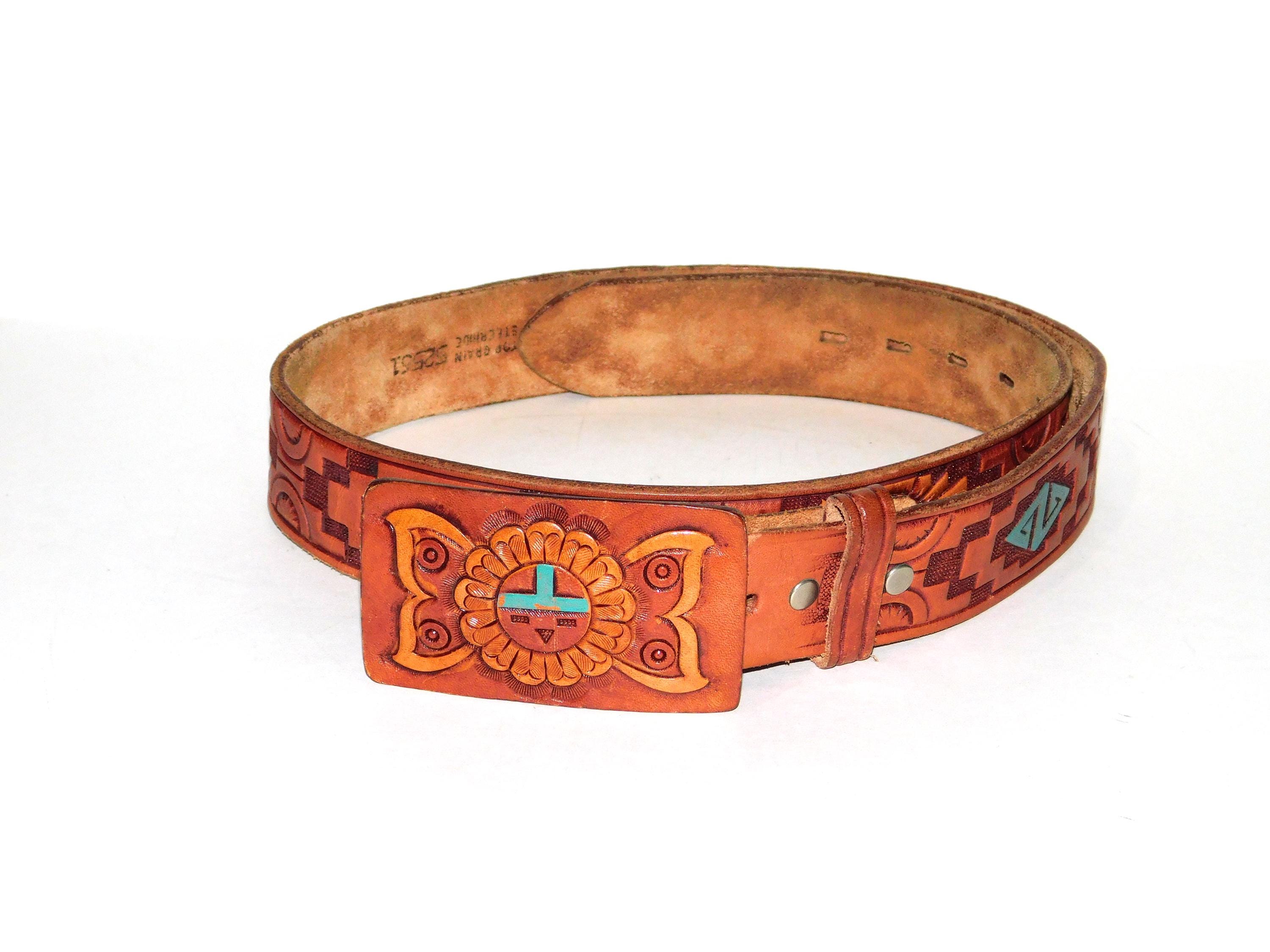 Vintage 1970s Size S 32 Zuni Sun Face Brown Tooled Leather 