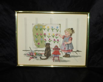 Little Girl Showing Off Her Art Painting to Kitty Cat Doll Play Artist School Teacher Cross Stitch Picture Textile Art