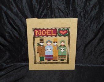 Vtg 1989 NOEL Christmas Carolers Completed Cross Stitch Picture Brown Blue Green Country Heart 8 x 10 in