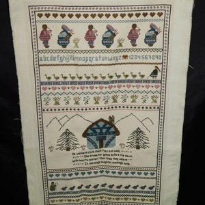 Cottage Farm Cross Stitch Sampler Sheep Geese Weave Mornings Laughter Evenings Song Completed Textile Art Vintage 1980s