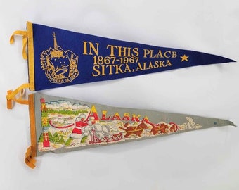 1967 Sitka Alaska Purchase Centennial Pennant & Gray Dog Sled Team Polar Bear Totem Pole Set 2 Blue Alaskan Wall Hangings