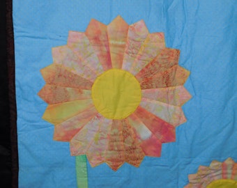 Sunflower Wall Quilt Sky Blue Yellow Pink Sun Flower Garden Handmade Vintage Cotton