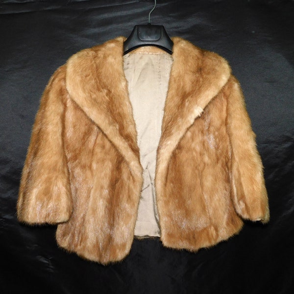 Vintage Light Brown Mink Fur Cape Coat Arm Slits Open Front Capelet Winter Formal One Size Fits Most