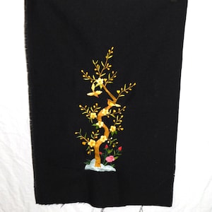 Vtg Black Birds in Tree Embroidered Fabric Panel Brown Yellow Pink Red Floral Asian Style