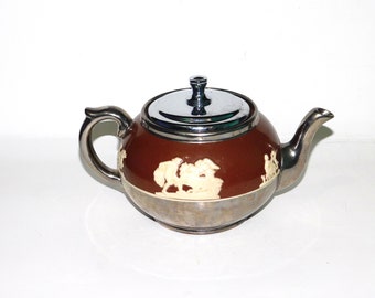 Vintage Gibson Staffordshire England Brown Cream Silver Teapot Porcelain British Tea Pot