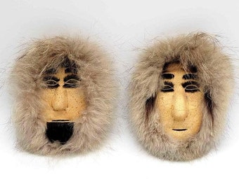 Caribou Hide Reindeer Fur Point Barrow Alaska Native Eskimo Made Masks Man Woman Pair Inuit Elizabeth Hein Made Set