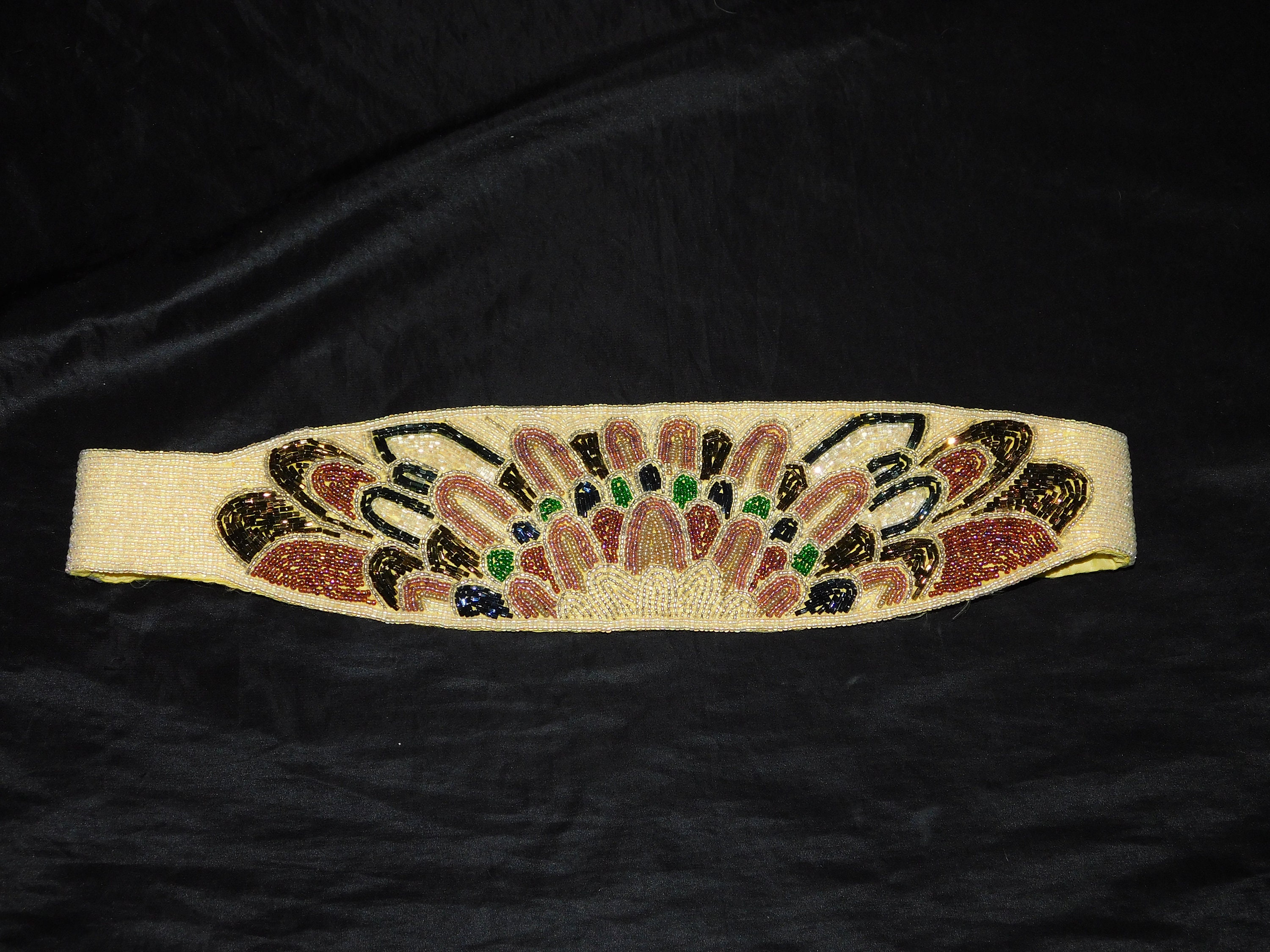 Vintage M Yellow Purple Green Gold Feather Beaded Dress Belt  display picture 2