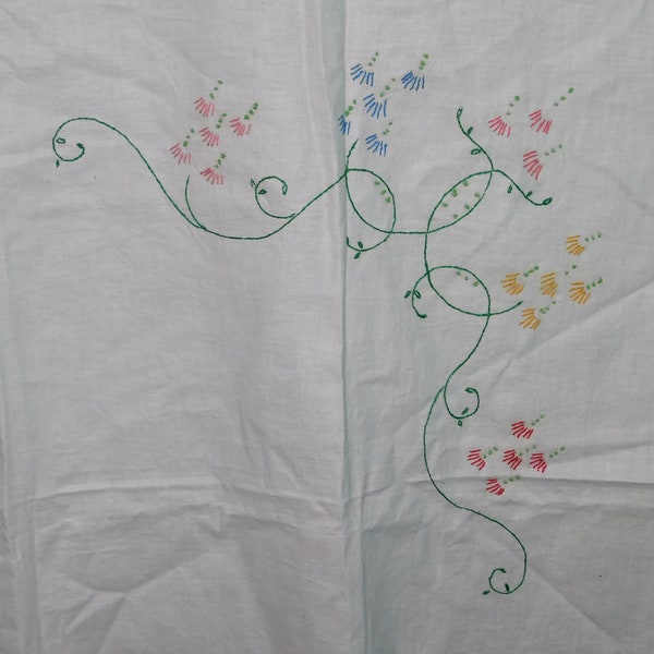 Vtg Embroidered Table Linens Tablecloth and Napkins Unfinished Craft Project Pink Purple Yellow Green Floral