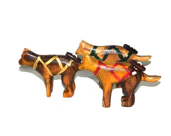 Alaska Sled Dogs Set 3 Hand Carved Wood Toys Painted Harness Vintage 50s 1950s Husky Mush