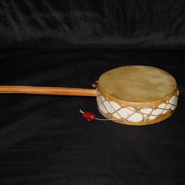 Alaska Native Eskimo Made Clapper Drum Toy Inuit Folk Art Beans On String Wood Stick Handle