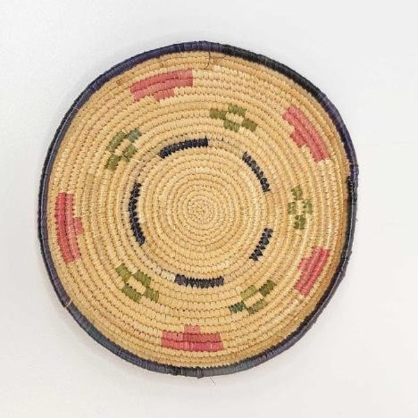 Alaska Yupik Eskimo Coiled Sea Grass Basket Wall Hanging Plate Tray Brown Blue Pink Green Inuit Kitchen Decor 6" dia