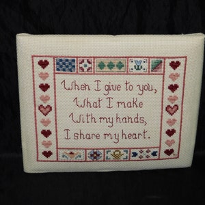 Vtg Cross Stitch Picture Give What I Make With My Hands I Share My Heart Country Pink Blue Blocks