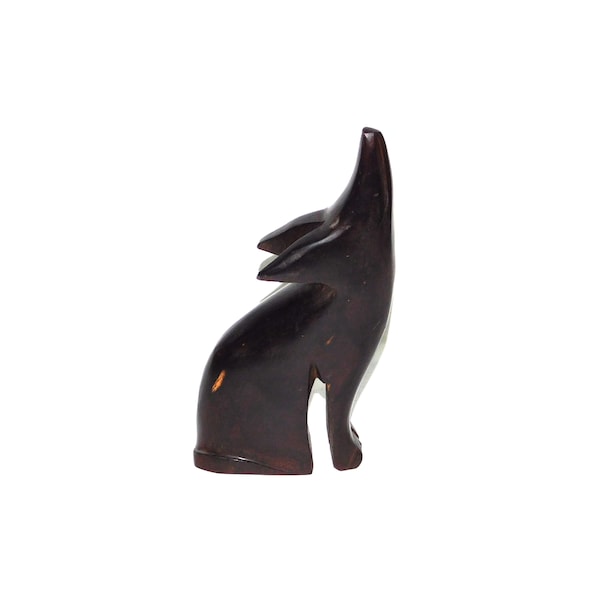 Howling Wolf Western Coyote Ironwood Wood Carving Carved Figurine Nose Up Dark Brown 7"