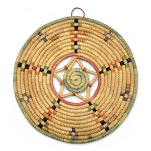 Vintage Alaska Native Yupik Eskimo Woven Coiled Grass Wall Hanging Star Center Brown Blue Orange Green Inuit Hand Made