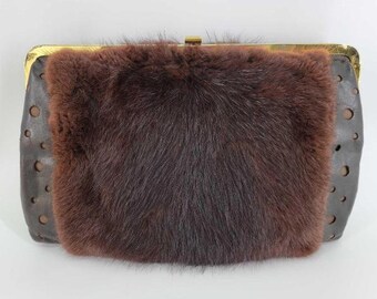 Vintage Alaska Beaver Fur Clutch Purse Dark Brown Perforated Leather Gold Tone Top Fur Rondy