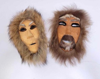 Caribou Hide Reindeer Fur Alaska Native Anaktuvuk Eskimo Made Masks Man Woman Pair Inuit Wall Hanging Lodge Cabin Decor