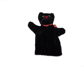 Marioneta de mano vintage STEIFF de gato negro con ojos verdes y mohair de 8,5 pulgadas.