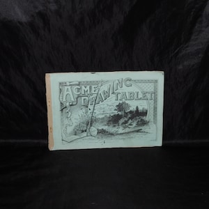 Antique 1891 Sketch Book Girls Drawings Spinning Wheel Ostrich Cottage Houses Dog Pencil Art