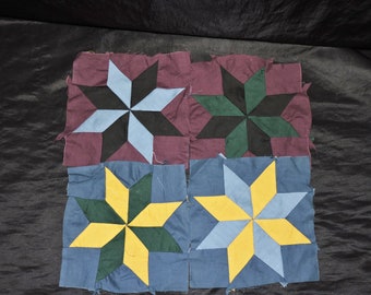 Lot Set 4 Quilt Blocks Pieced Stars Cotton Fabric Blue Purple Yellow Handmade