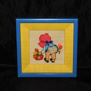 Vtg Little Girl Picking Flowers Basket Fancy Pants Toddler Dress Needlepoint Picture Framed