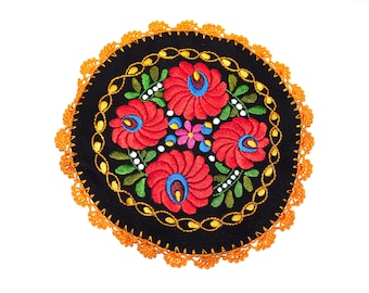 Vtg Russian Black Red Floral Embroidered Fabric Doily Round Orange Crochet Edges 10"