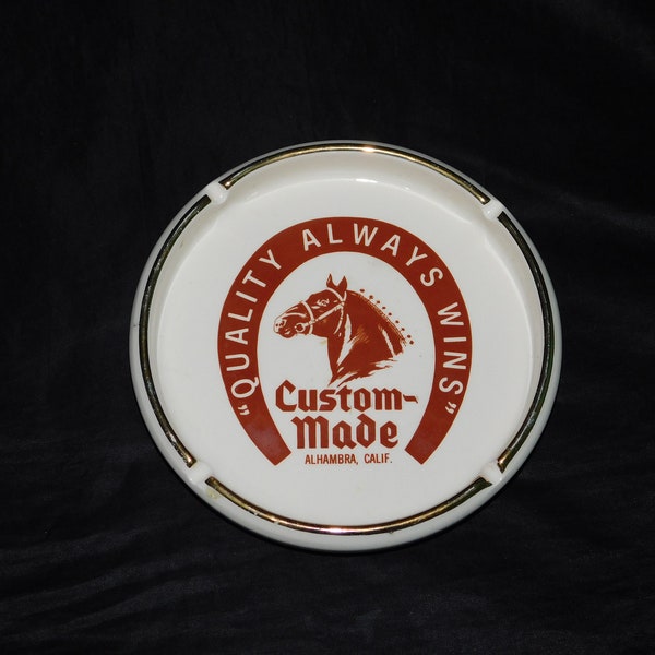 Vintage Horse Shop Ashtray Custom Made Alhambra CA Quality Always Wins Horseshoe White Brown Gold Ceramic 1970s
