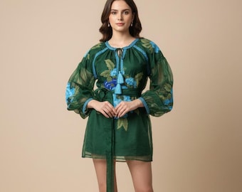 Emerald Green Embroidered Mini Dress, Sheer Boho Party Dress, Floral Mesh Tunic, Women's Festival Outfit, Resort Wear