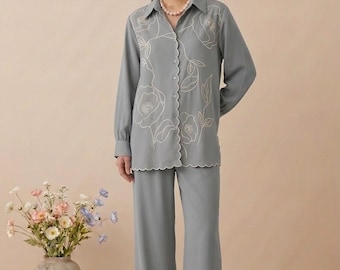 Grey Embroidered Co Ord Set | Minimalist Floral Lounge Wear Two Piece