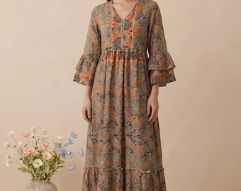 Boho Paisley Maxi Dress, Brown Floral Cotton, V Neck Tiered Ruffle Sleeve Cottagecore Vacation Dress