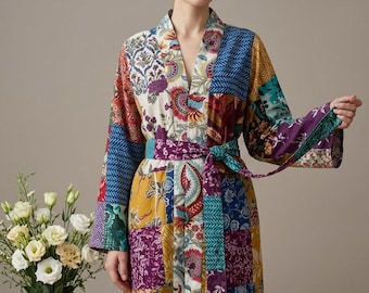 Boho Patchwork Kimono Robe, Floral Cotton Loungewear, Cottagecore Dressing Gown