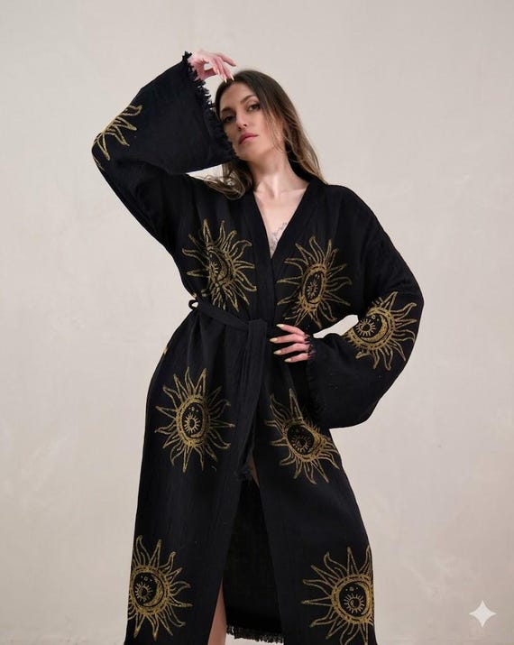 black and gold kimono dress Sun Embroidered Wrap Midi Dress, Boho Bell Sleeve Resort Outfit modern kimono dress