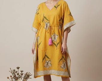 Mustard Yellow Linen Kaftan Dress, Floral Embroidered Boho Summer Midi