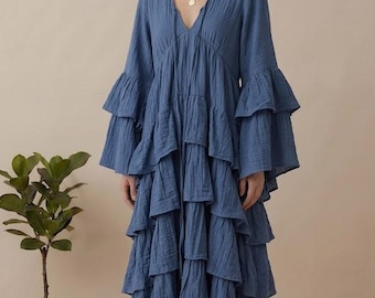 Blue Cotton Tiered Maxi Dress for Women, Boho Ruffle Long Dress, Loose Fit Cotton Dress, Cottagecore Dress, Resort Vacation Wear
