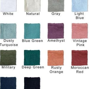 May include: A collection of fourteen square fabric swatches arranged in a grid, featuring colors labeled as White, Natural, Gray, Light Blue, Dusty Turquoise, Blue Green, Amethyst, Vintage Pink, Military, Deep Green, Rusty Orange, Moroccan Red, Night Blue, and Black.